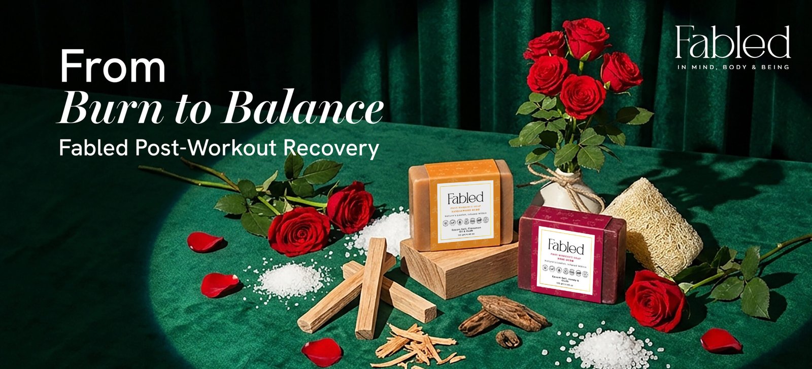 Fabled post workout recovery soaps with rose petals, sandalwood sticks and bath salts on green background